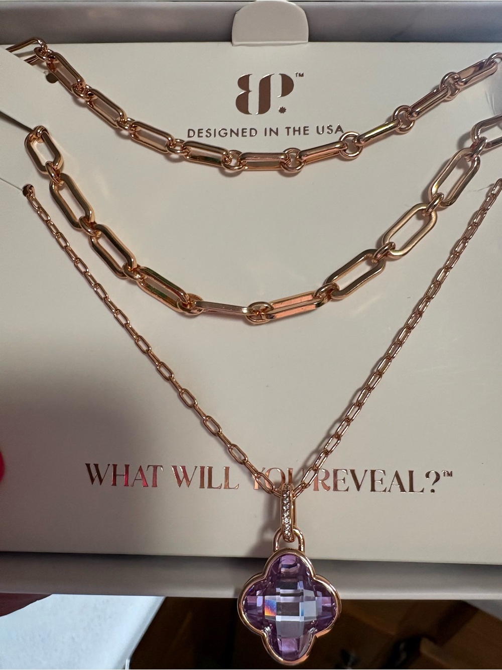 bp Rose Gold Layered Necklace with Purple Clover Pendant